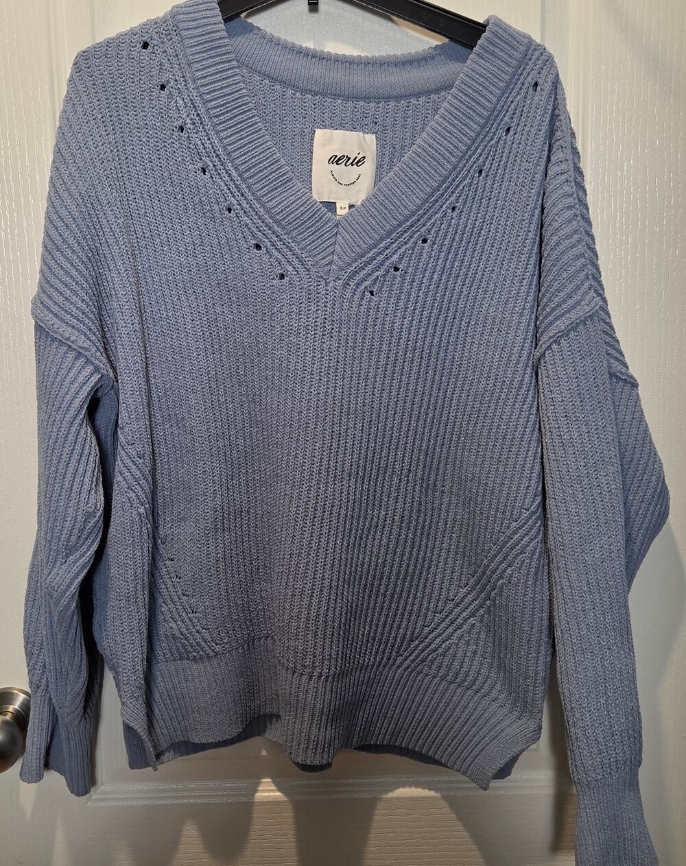 Aerie Women's Beyond Chenille V-Neck Knit Oversized Sweater sz S slate blue